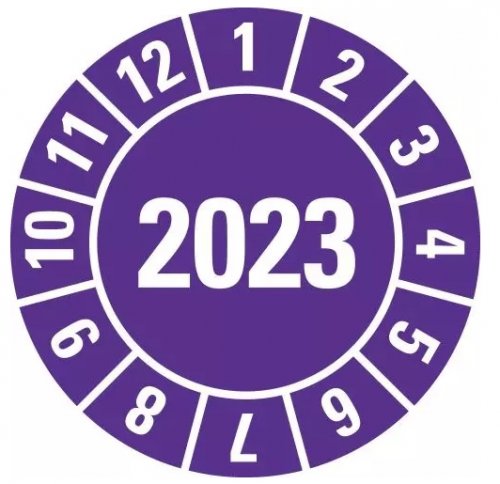 25x Jahresprüfplakette „2023“ Etikett Aufkleber, violett | Ø 15-40 mm