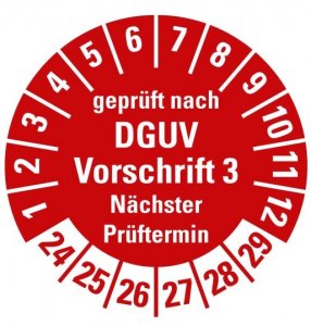100x Prüfplakette „geprüft DGUV Vorschrift 3 Nächster Prüft. 24-29“, rot Ø15-40mm