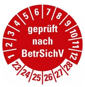 100x Prüfplakette „geprüft nach BetrSichV | 23-28“ Etikett Aufkleber, rot | Ø 15-40 mm