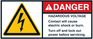 Aufkleber Warnzeichen „DANGER HAZARDOUS VOLTAGE Contact will cause electric shock or burn. Turn off and lock out power before servicing“