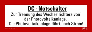 Aufkleber "DC-Notschalter.." Photovoltaikanlage Schild Folie 21x7,4cm | B-Ware