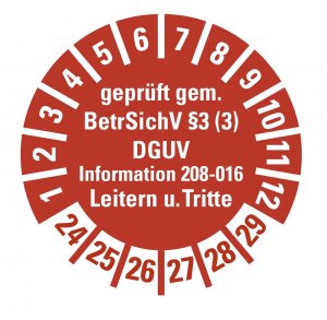 100x Prüfplakette "Leitern/Tritte, BetrSichV §3.. 24-29" Aufkleber, rot Ø15-40mm