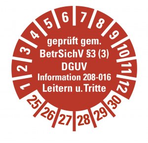 100x Prüfplakette "Leitern/Tritte, BetrSichV §3.. 25-30" Aufkleber, rot Ø15-40mm