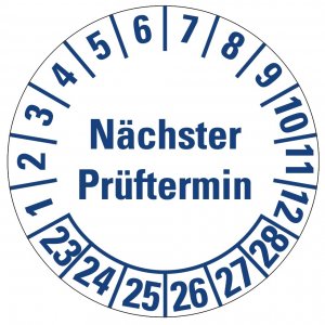 100x Mehrjahresprüfplakette „Nächster Prüftermin 23-28“ Etikett Aufkleber weiß/blau | Ø 15-40 mm